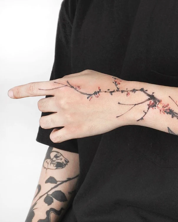Watercolor Branch, Flower tattoo on Hand