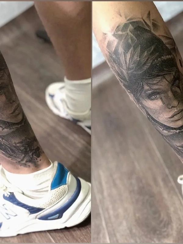 black and grey realism tatouage sur calf #34868 | Artiste tatoueur Евгений Шанцев