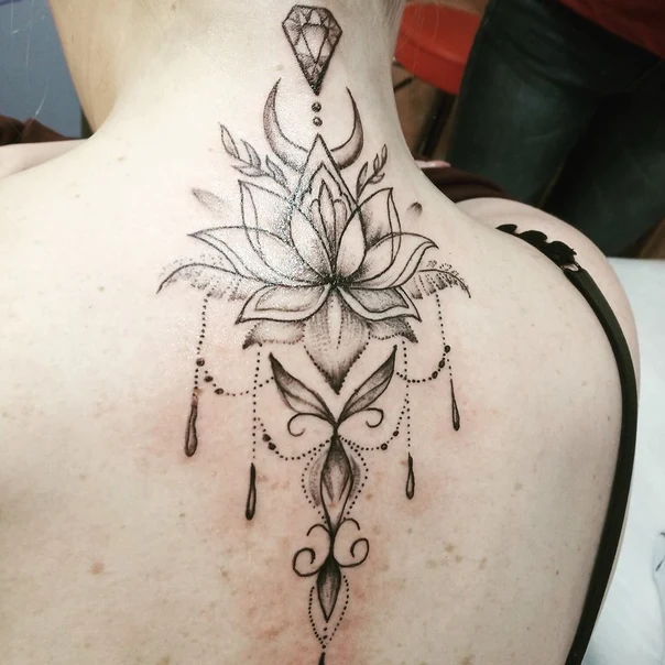 Ornamental Lotus, Diamond tattoo on Back of neck