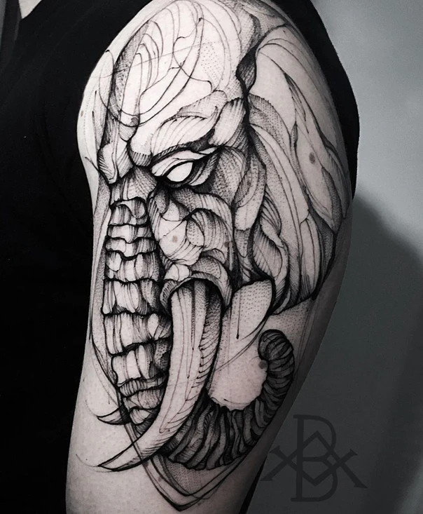 Blackwork Elephant tattoo on Shoulder