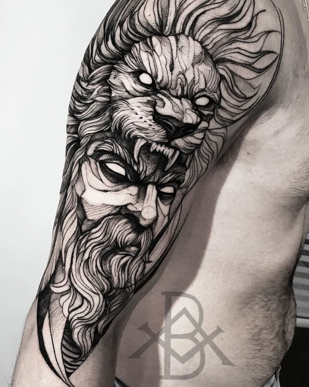 Blackwork Lion, Face tattoo on Upper Arm