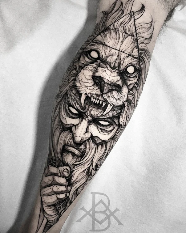 Blackwork Lion, Face tattoo on Forearm