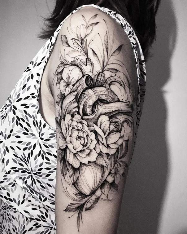 Blackwork Heart, Flowers tattoo on Upper Arm