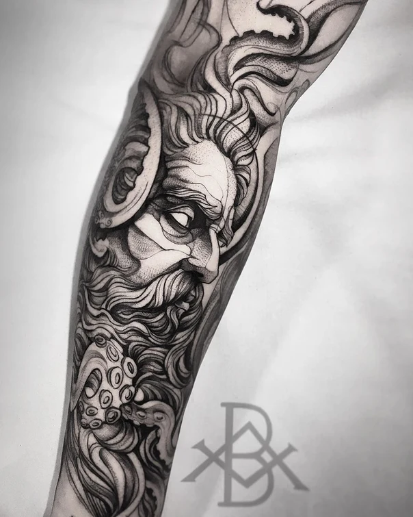 Blackwork Mythological, Octopus tattoo on Forearm