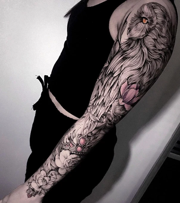 Black & Grey Owl, Flowers tattoo on Full Sleeve