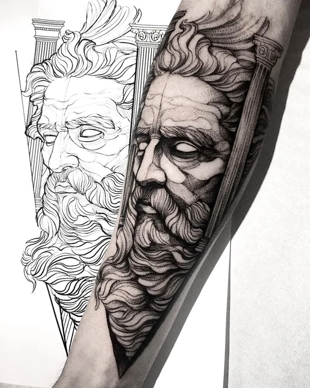 Blackwork Portrait, Greek tattoo on Forearm