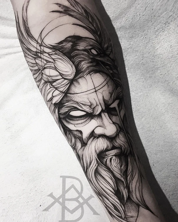 Blackwork Mythological, Raven tattoo on Forearm