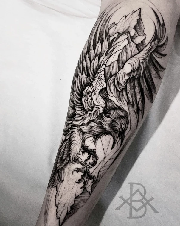 Blackwork Bird, Mountain tattoo on Forearm