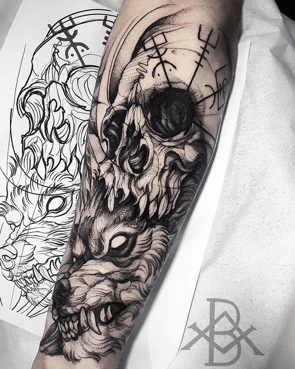 Blackwork Skull, Wolf tattoo on Forearm