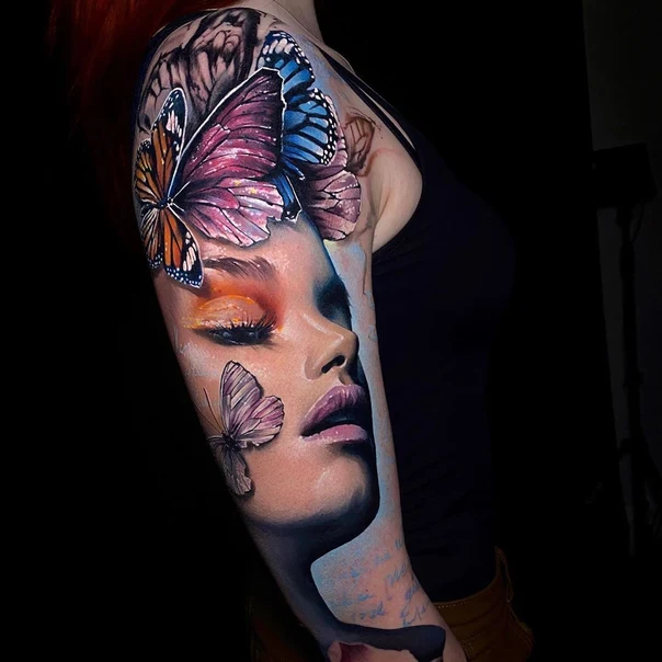 Realism Butterfly, Portrait tattoo on Full Sleeve