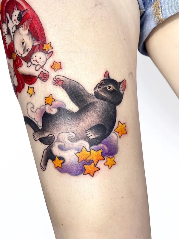 color illustrative 纹身 在 thigh #35185 | 纹身师 KIERA