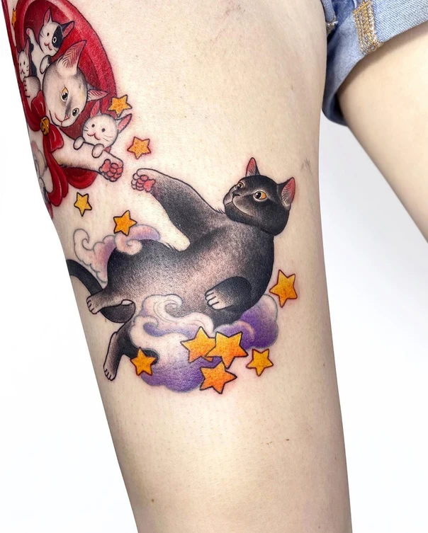 Illustrative Cat, Stars tattoo on Thigh