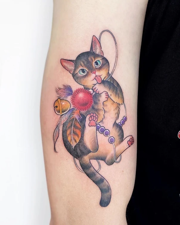 Illustrative Cat, Feather tattoo on Forearm