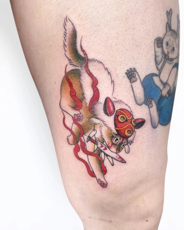 Anime Animal, Mask tattoo on Thigh