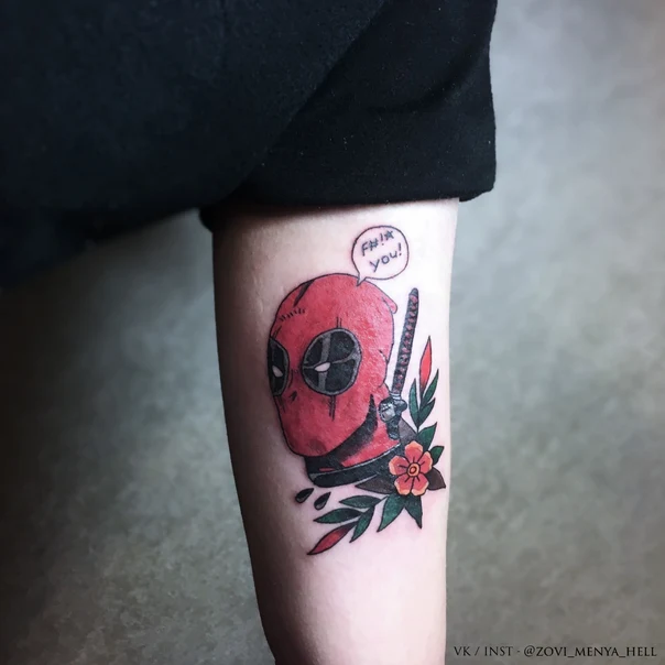 Cartoon Deadpool, Flower tattoo на Предплечье