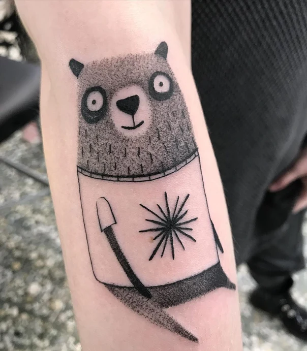 Illustrative Bear, Star tattoo on Forearm