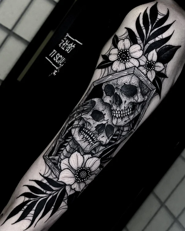 Blackwork Skull, Flower tattoo on Forearm