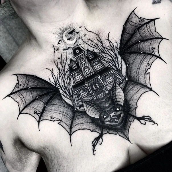 Blackwork Bat, Haunted house tattoo on Chest
