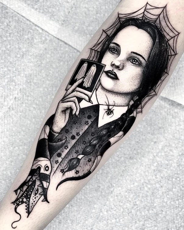 Blackwork Portrait, Spider tattoo on Forearm