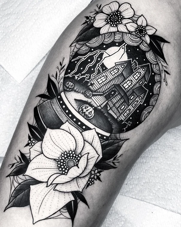 Blackwork Haunted house, Flower tattoo on Thigh