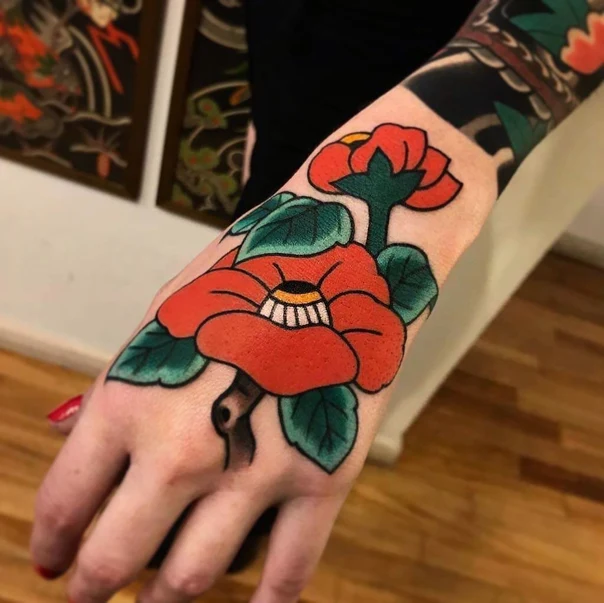 Traditional Flower, Botanic tattoo on Back of Hand