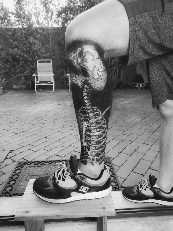 Blackwork Skeleton, Skull tattoo on Calf