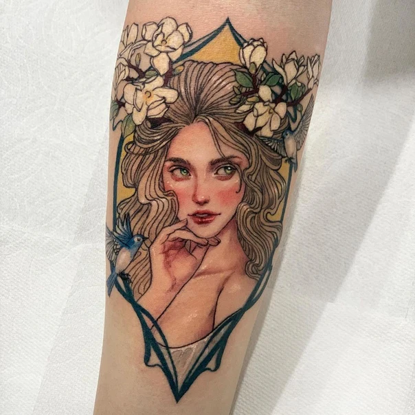 Illustrative Woman, Flowers tattoo on Forearm