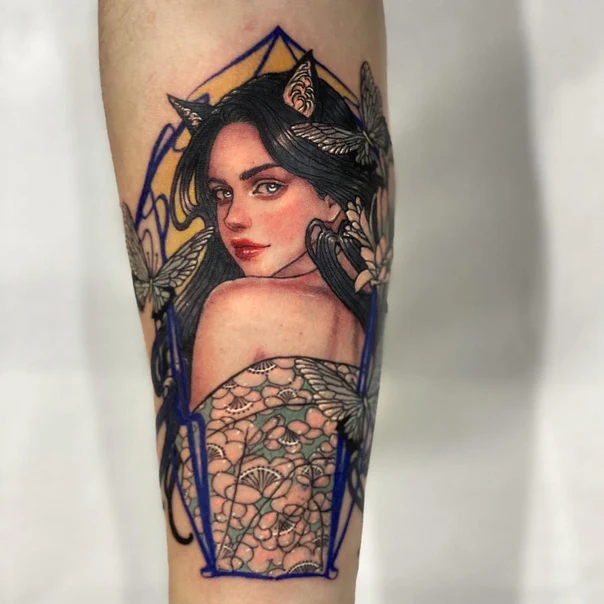 Illustrative Portrait, Butterfly tattoo on Forearm