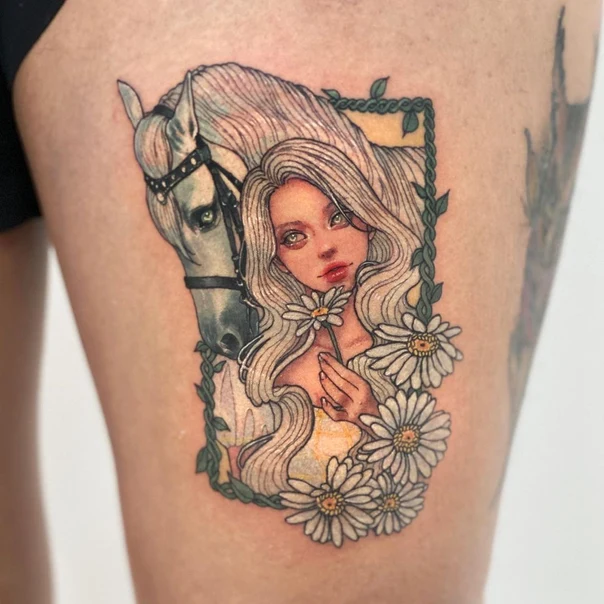 Illustrative Woman, Horse tattoo on Thigh