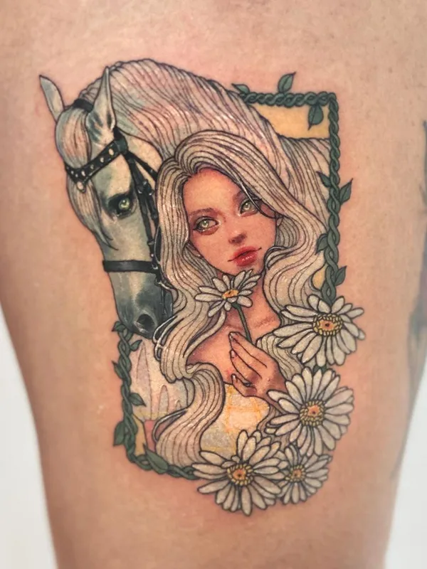 female color illustrative tattoo on thigh #38630 | Tattoo Artist LEESU
