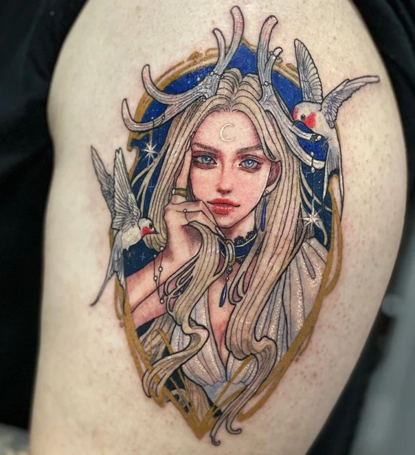 Illustrative Portrait, Birds tattoo on Shoulder
