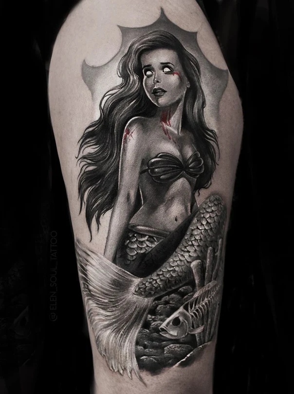Black & Grey Mermaid, Fish tattoo on Thigh