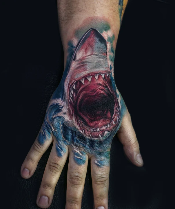 Realism Shark, Ocean tattoo on Hand