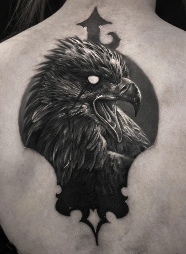 Black & Grey Eagle tattoo on Upper Back