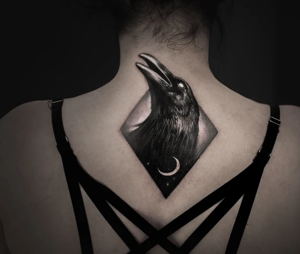 Black & Grey Raven, Moon tattoo on Back of neck