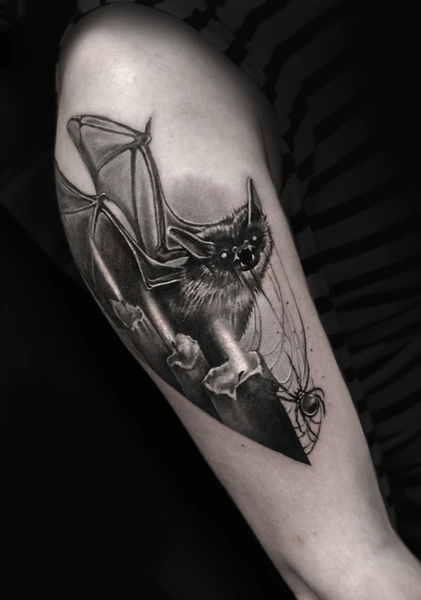 Black & Grey Bat, Spider tattoo on Forearm