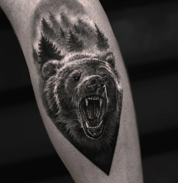 Black & Grey Bear, Forest tattoo on Calf