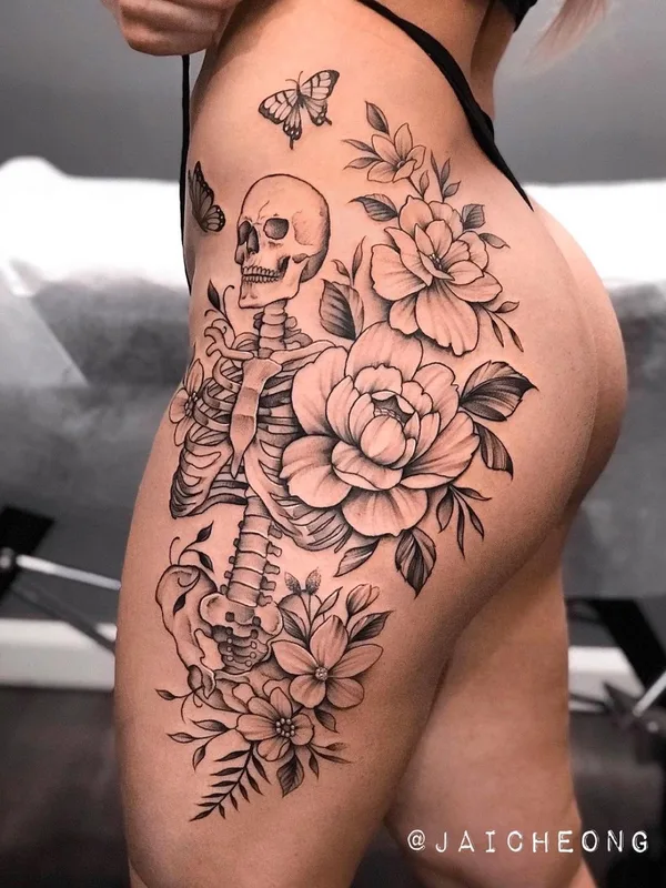 female black and grey black and grey Tatuaggio su thigh #38764 | Tatuatore Jai Cheong