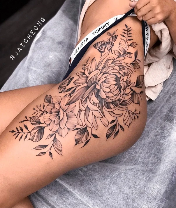 Botanic Flowers, Butterflies tattoo on Thigh