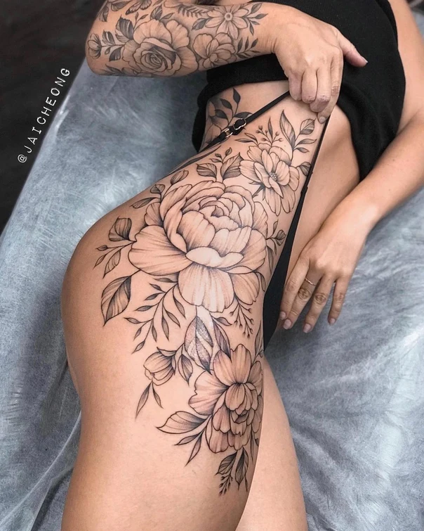 Fineline Flower, Leaves tattoo on Thigh