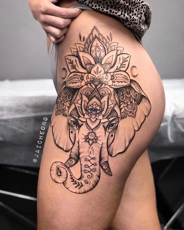 Ornamental Elephant, Lotus tattoo on Thigh