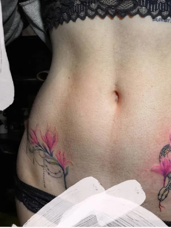 female color illustrative tattoo on hip #49622 | Tattoo Artist Дарья Голявина