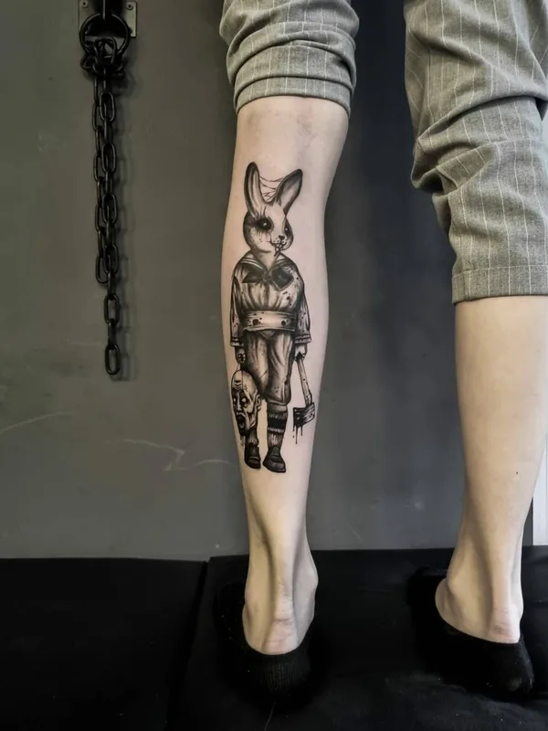 black and grey blackwork 纹身 在 calf #49705 | 纹身师 Владимир GLOK