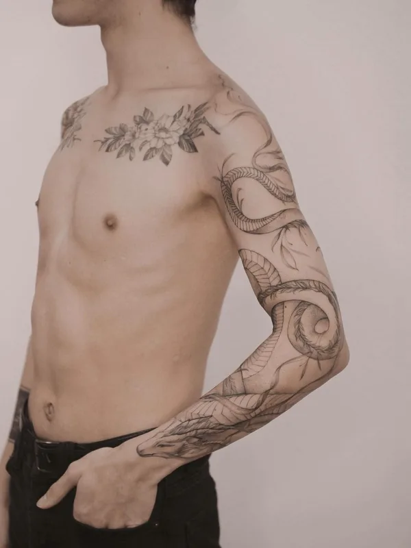 male black and grey linework 纹身 在 full sleeve #49827 | 纹身师 Дарья Третьякова