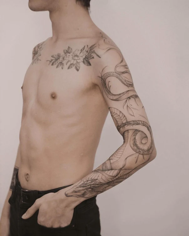 Лайнворк Snake, Floral tattoo на Полный рукав
