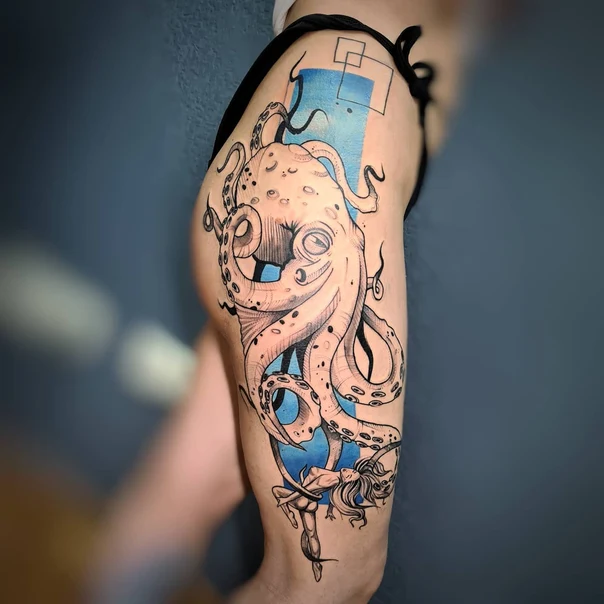 Иллюстративная Octopus, Mermaid tattoo на Thigh