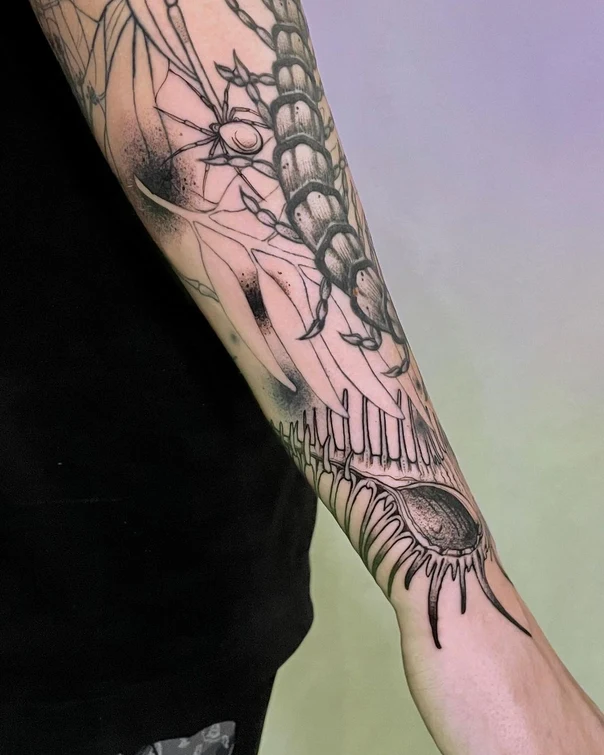 Блэкворк Spider, Centipede tattoo на Предплечье