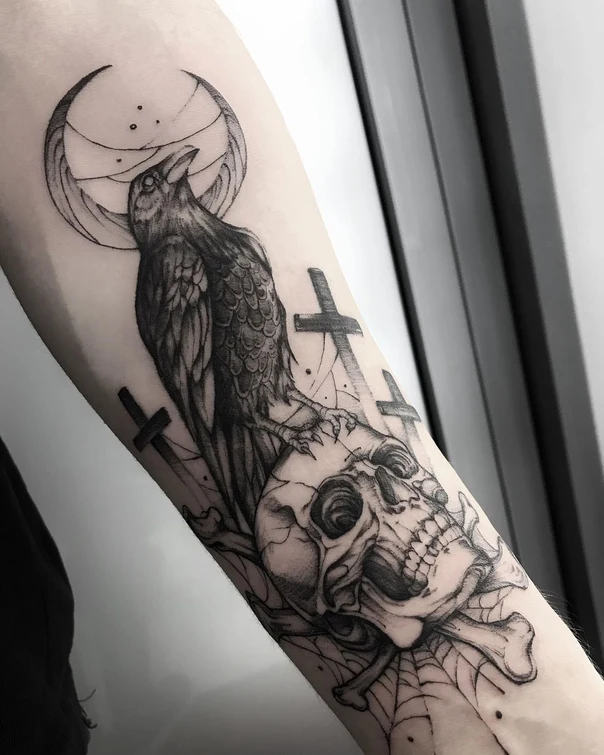 Блэкворк Raven, Skull tattoo на Предплечье