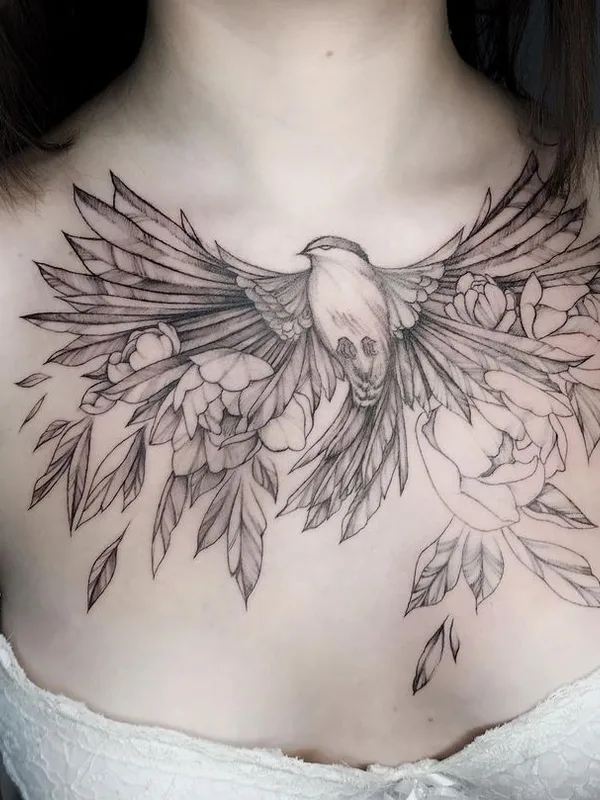 female black and grey fineline tattoo auf chest #49932 | Tätowierer Татьяна Карпенко