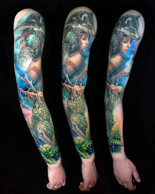 Реализм Wolf, Woman tattoo на Полный рукав